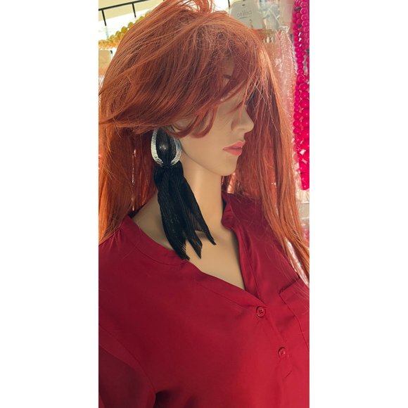 Large Big Black Earring statement bold chunky studs Jet Pierced Pageant fabric - Picture 6 of 8